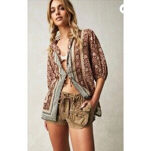 Free People We The Free Boho Peasant Top XS Rust Floral Prairie Blouse Batik